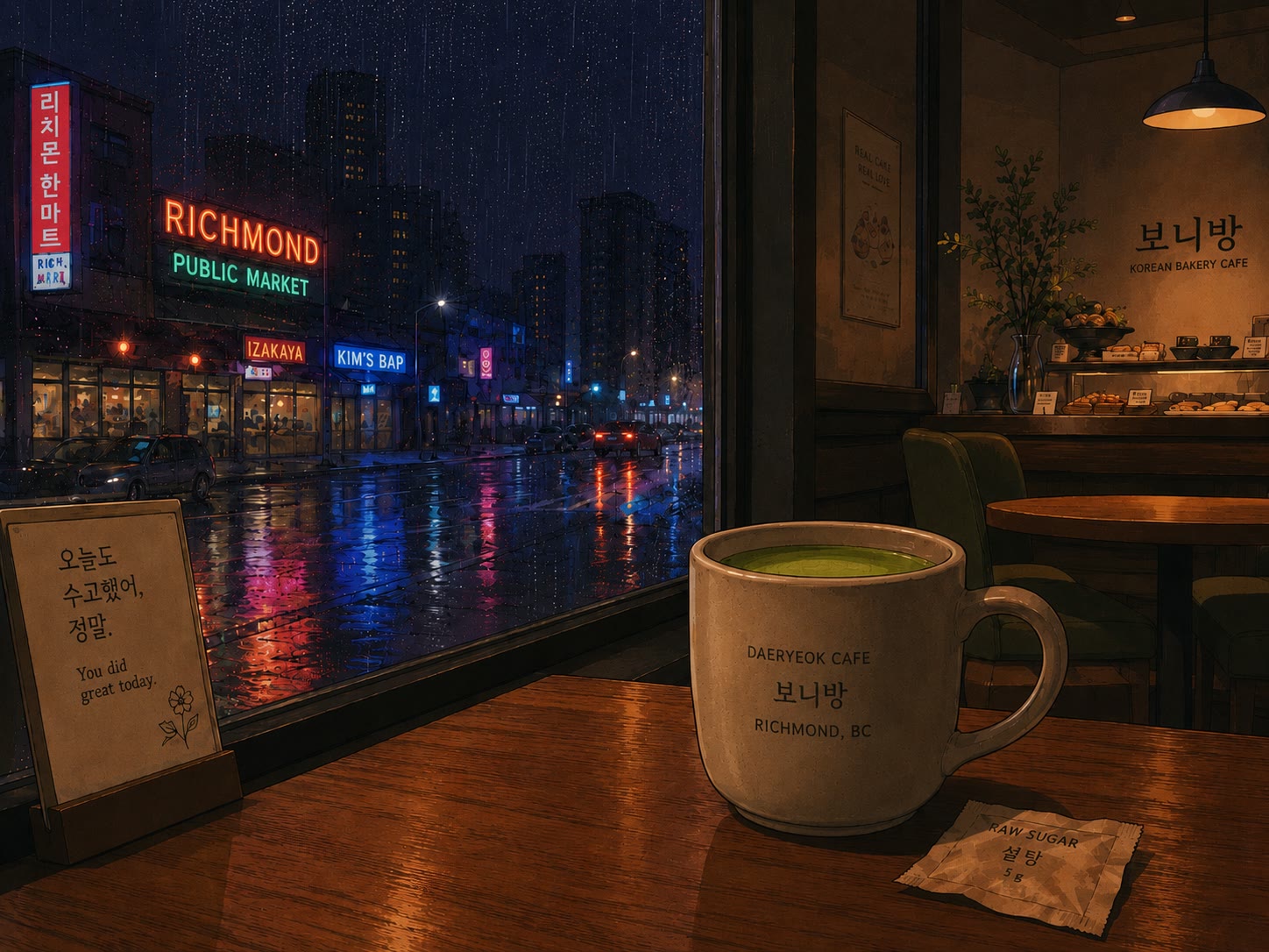A cup of matcha beside a rainy café window overlooking Richmond Public Market