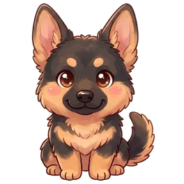 ran-jee, the café dog, sitting with a smile